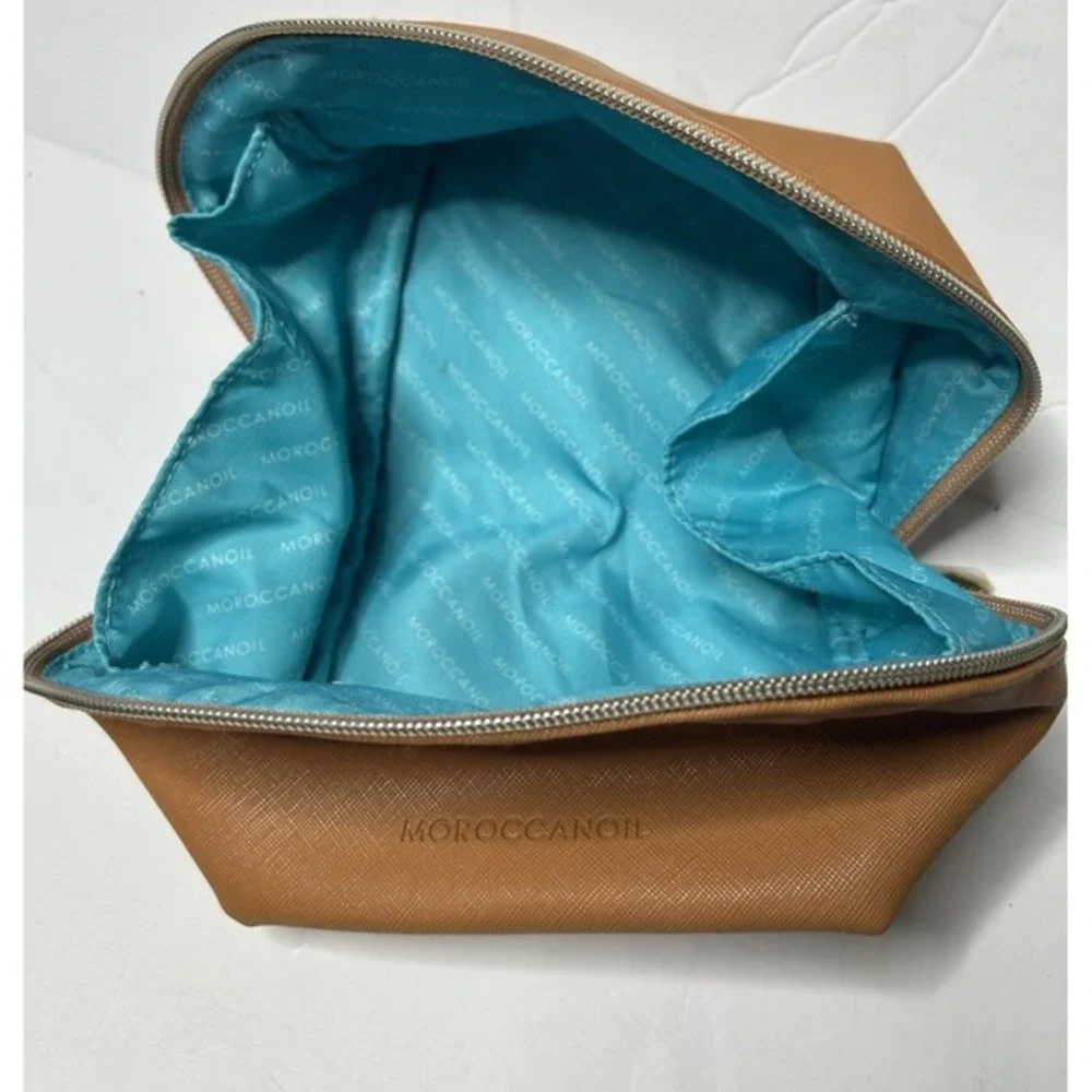 Moroccanoil Tan Faux Leather Dome Cosmetic Makeup Bag Turquoise Lining Zipper